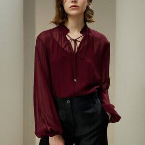 Lilysilk Georgette Blouse Womens XL Burgundy Silk Long Sleeve Tie Neck 100% Silk